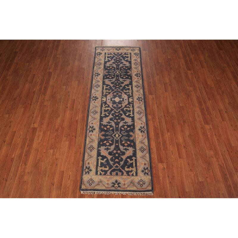Blue Oushak Vegetable Dye Runner Rug Hand-Knotted Wool Carpet - 2'7" x 7'10"