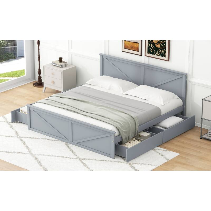 King Size Wooden Platform Bed Frame with Four Storage Drawers and Headboard, No Box Spring Required, Bedroom Furniture