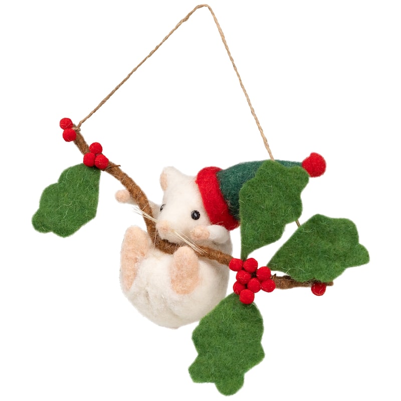 Holly and Berry Mouse Christmas Hanging Decoration - 9" - Green and Ivory