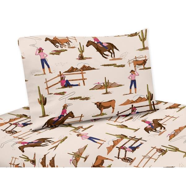 slide 2 of 3, Sweet Jojo Designs Western Cowgirl Girl 3p Twin Sheet Set Wild West Vintage Country Animal Horse Southwest Beige Brown Pink Blue