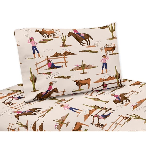 slide 2 of 3, Sweet Jojo Designs Western Cowgirl Girl 4p Queen Sheet Set Wild West Vintage Country Retro Animal Horse Southwest Pink Blue Tan