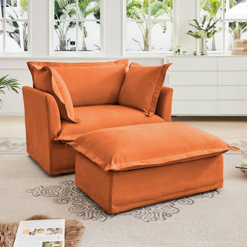 Upholstered Slipcovered Armchair with Ottoman, Deep Seat Armchair W/ Wide Ottoman, Armchair Sets, Chenille Fabric