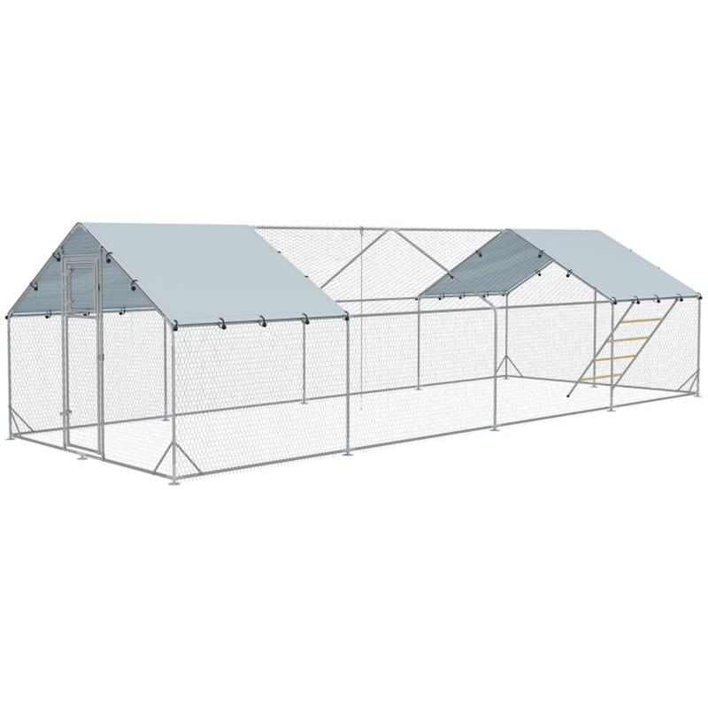 Galvanized Steel Chicken Run with Roof Cover and Secure Lock - 9.8'W x 26.2'D x 6.4'H