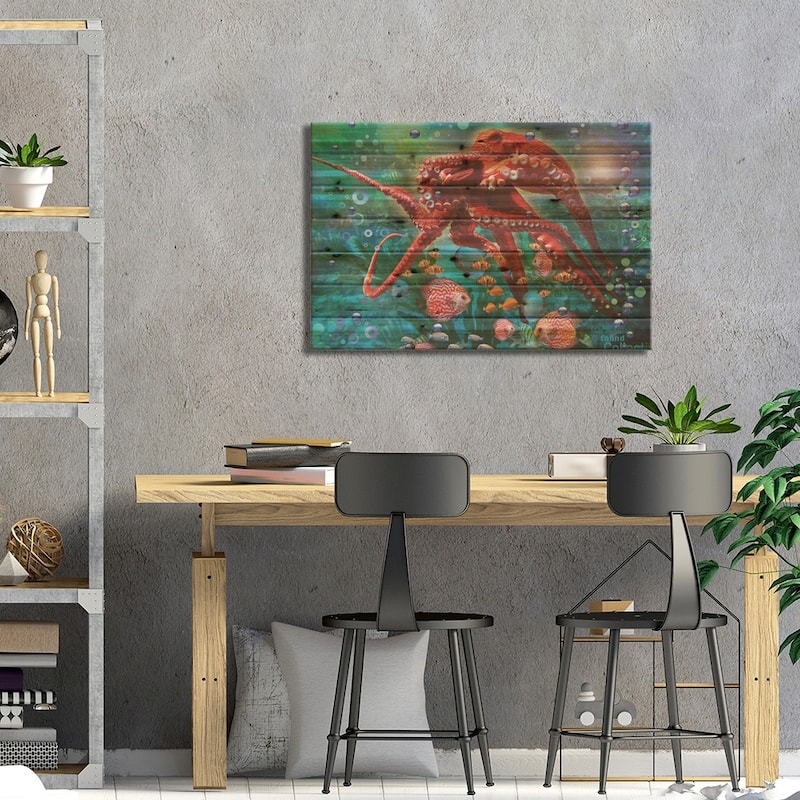 Red Octopus Print On Wood by David Loblaw - Multi-Color