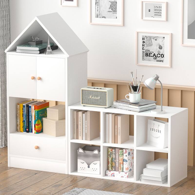 MVersatile Kids Bookshelf House Shape Toy Organizer for Bedroom Playroom