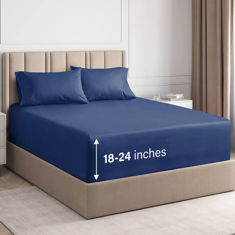 CGK Linens 4 Piece Solid Microfiber Extra Deep Pocket Bed Sheet Set - California King - Navy Blue