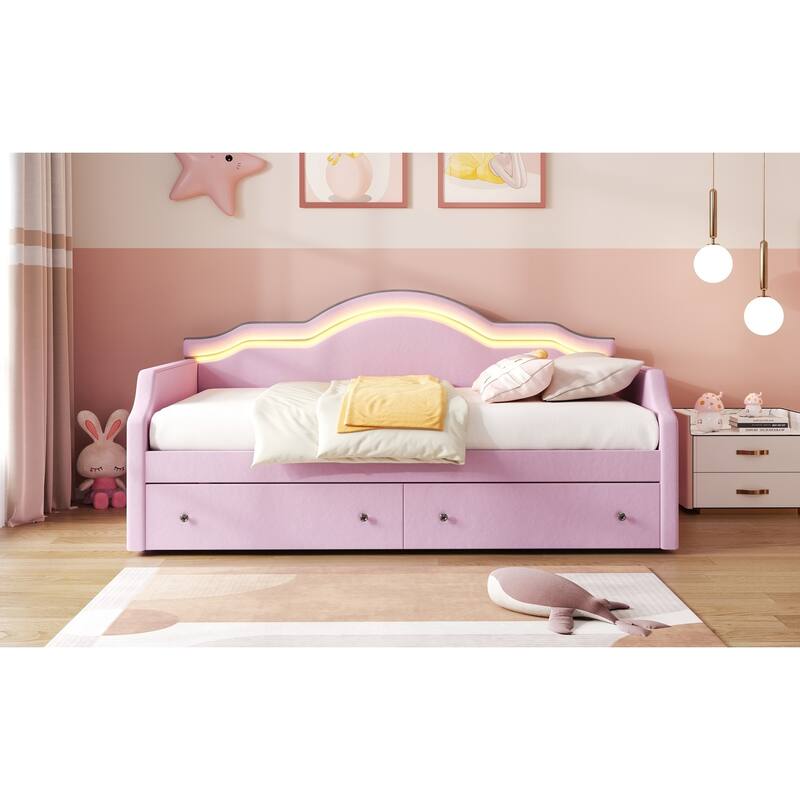 Pink Velvet Twin Upholstered Daybed with LED Lights and Storage Drawers