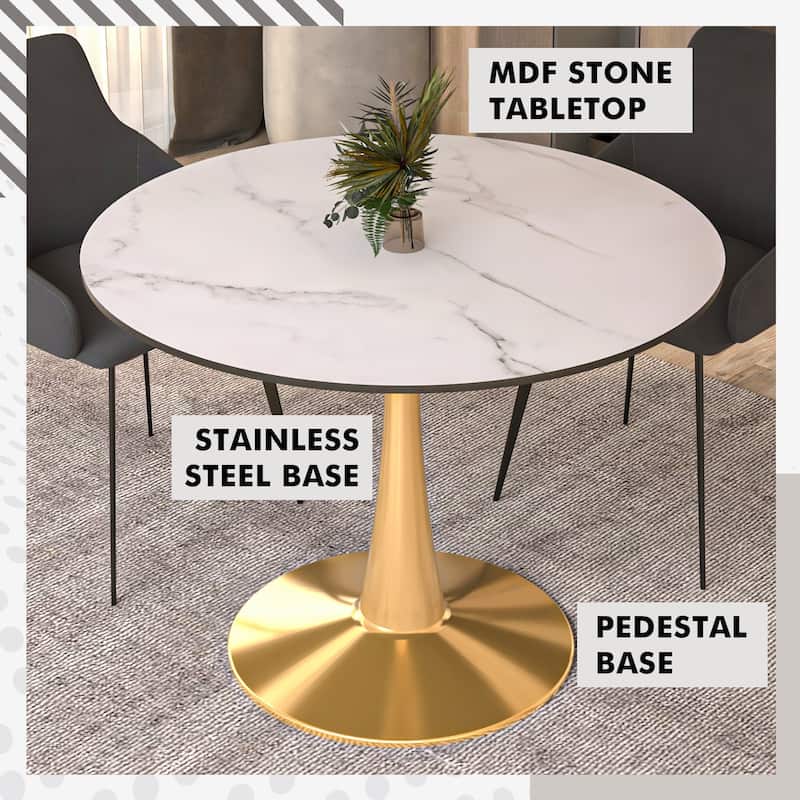 LeisureMod Bristol 40" Round Dining Table for 4 with MDF Tabletop in Gold Steel Base for Kitchen & Dining Room
