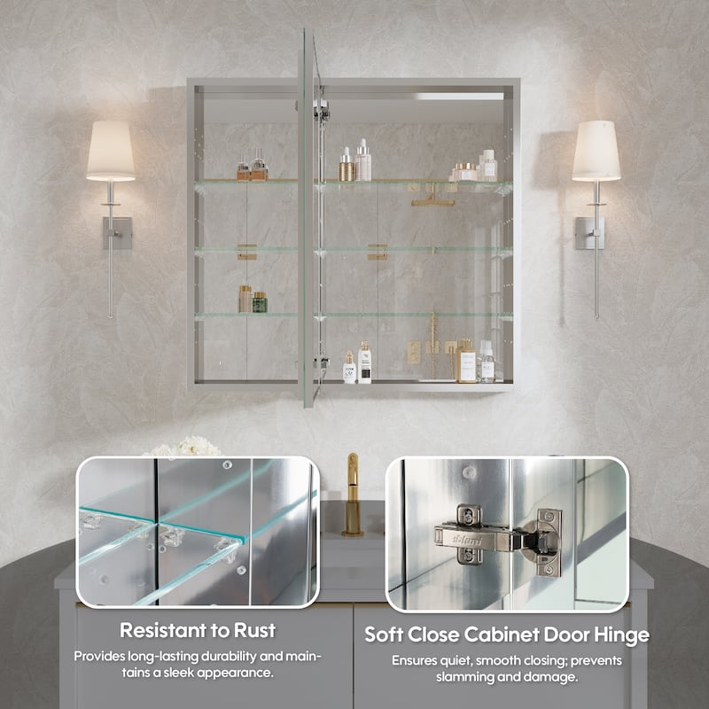 32"W X 30'H Recessed or Surface Wall Mount Bathroom Medicine Cabinet With Adjustable Glass Shelves