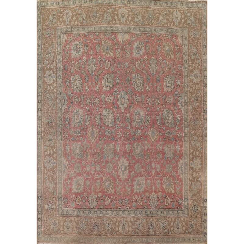 Pink Distressed Tabriz Persian Antique Rug Hand-knotted Wool Carpet - 9'5" x 12'3"