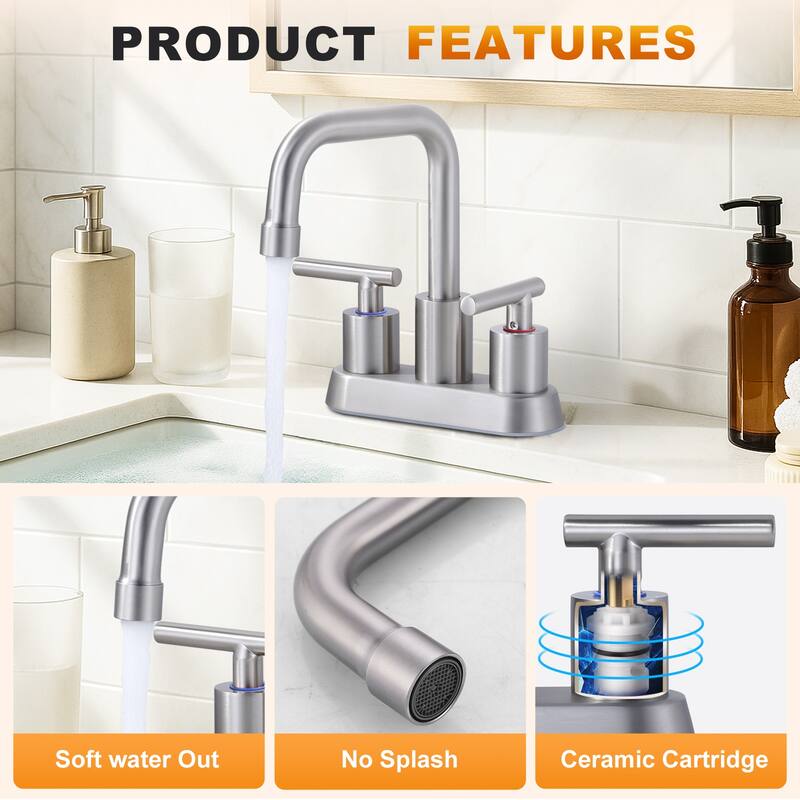WOWOW 4 in. Centerset Double Handle Bathroom Faucet with Drain Kit