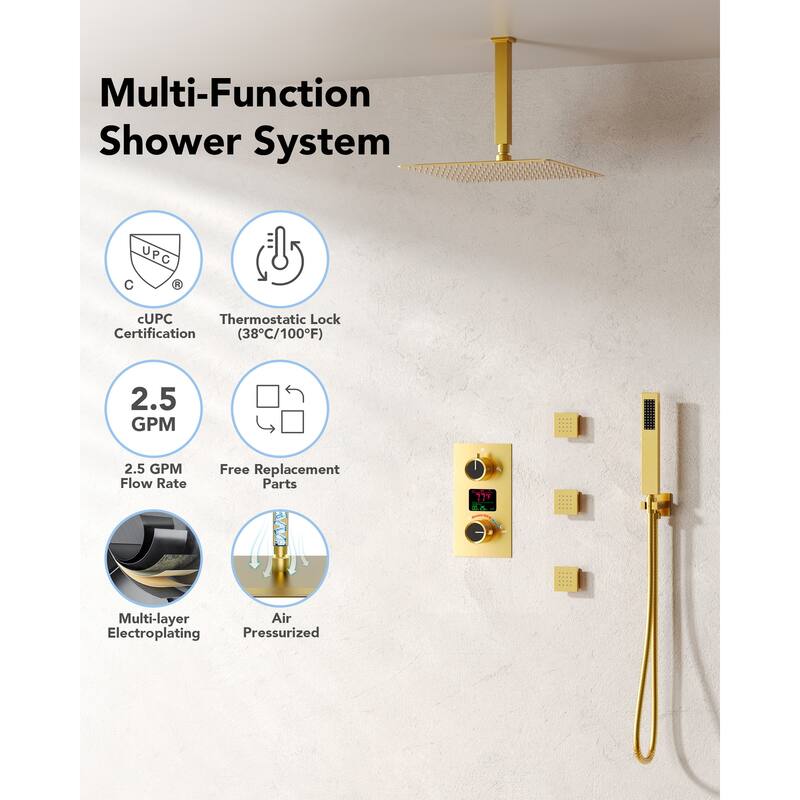 LCD Temperature Display 12" High-Pressure Shower System With Pressure Balancing Diverter Valve - 12-Inch
