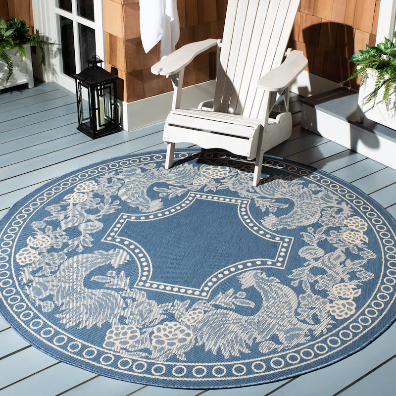 SAFAVIEH Courtyard Terry Indoor/ Outdoor Waterproof Patio Backyard Rug - 6'7" Round - Blue/Natural