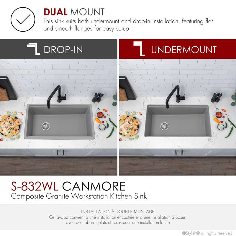 STYLISH Dual Mount 32" Single-Bowl Composite Granite Kitchen Sink - 32" x 18" x 9.5"