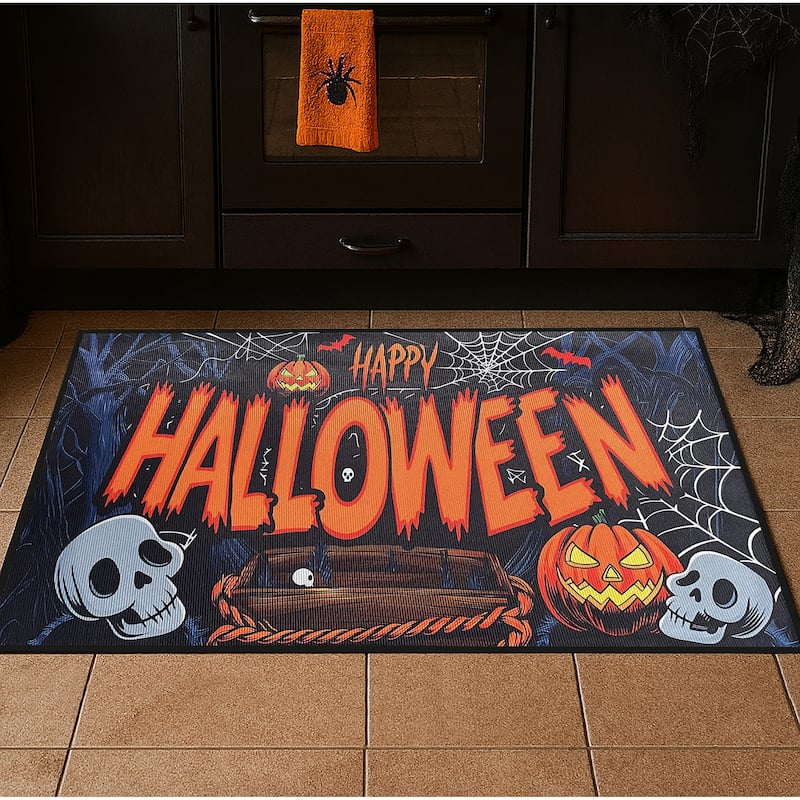 31" x 19" - Halloween Orange Black Non-Slip Washable Low Pile Kitchen Mat Entrance Door Mat - Orange - 31" x 19"