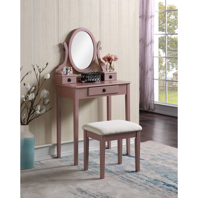 Bedroom Makeup Vanity Desk and Stool Set, Vanity Set Includes Dressing Table, Swivel Adjustable Oval Mirror and Stool - Rose Gold