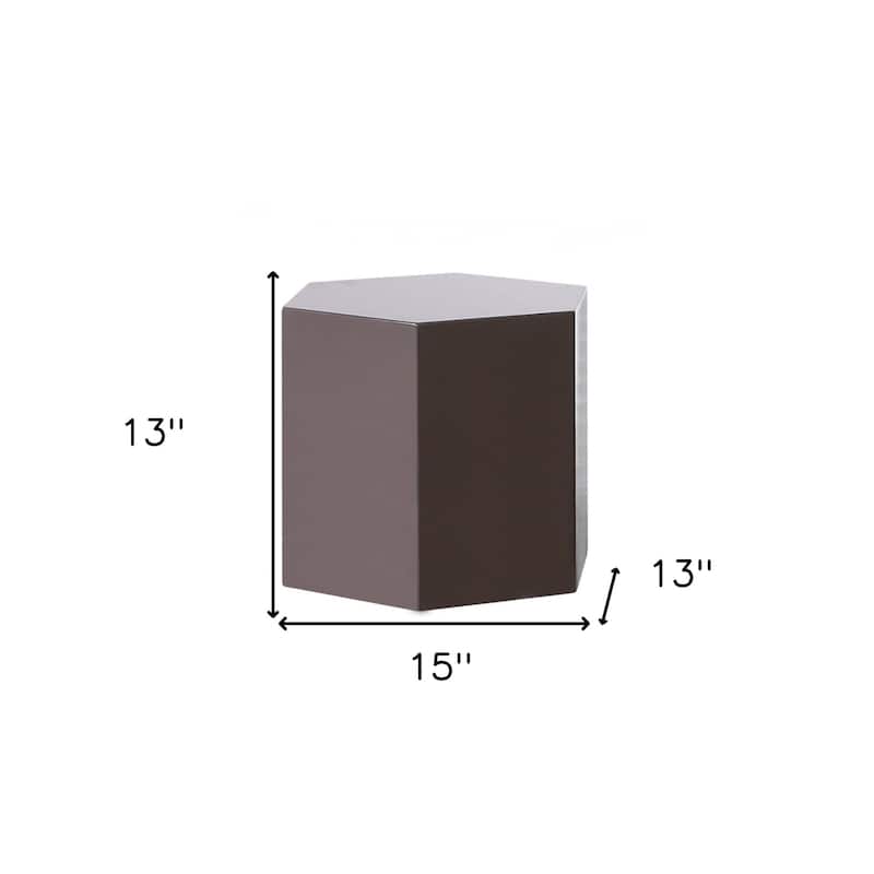 Modern Light Gray High Gloss Hexagonal End Table with MDF & Solid Wood Drum Base - 13" x 15" x 13"