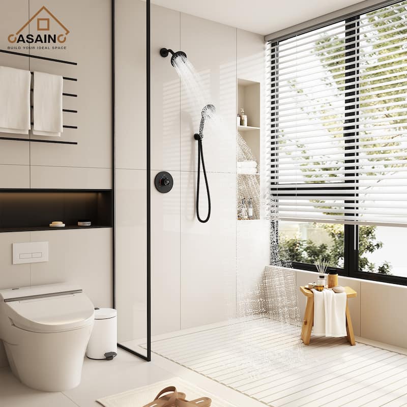 CASAINC 2-Spray 5 in. Shower Faucet Kit Wall Mounted Fixed and Handheld Dual Shower Heads 1.8 GPM - 5" x 5" - Matte Black
