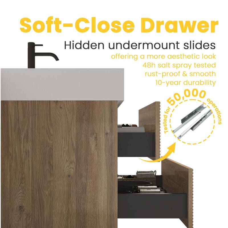 GDFStudio - Grace Wall-Mounted Bathroom Vanity with Engineered Quartz Sink & Soft Close Drawers, without Drainage and Faucet