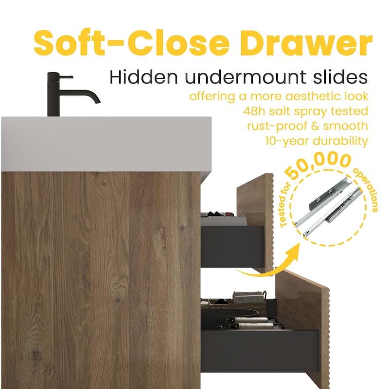 Wall Mounted Bathroom Vanity with Solid Surface Sink and Soft Drawers