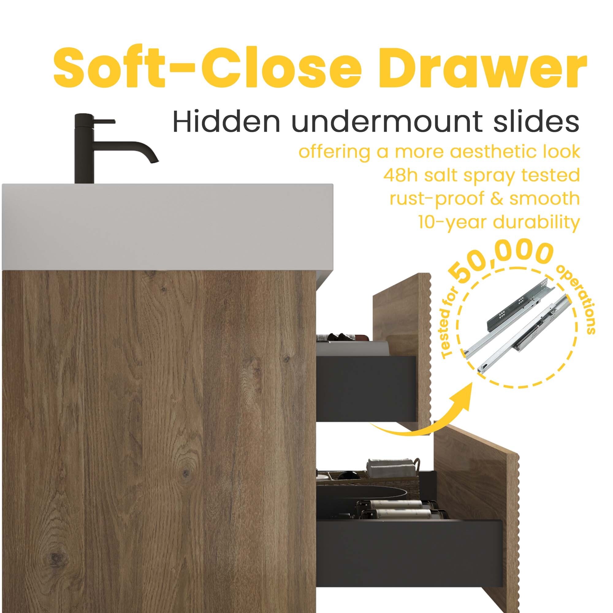 Wall Mounted Floating Bathroom Vanity with Engineered Quartz Sink and Soft Drawers