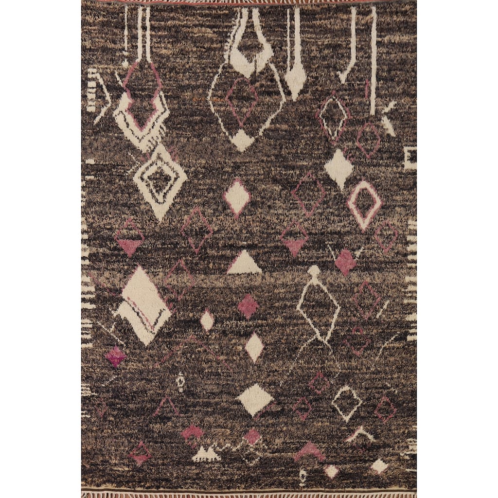 Brown Plush Moroccan Area Rug Hand-Knotted Living Room Wool Carpet - 9'0" x 12'5"