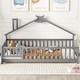 preview thumbnail 3 of 9, Grey Twin Size Pine Wood House-Shaped Bedside Floor Bed with Guardrails, Slats, with Door