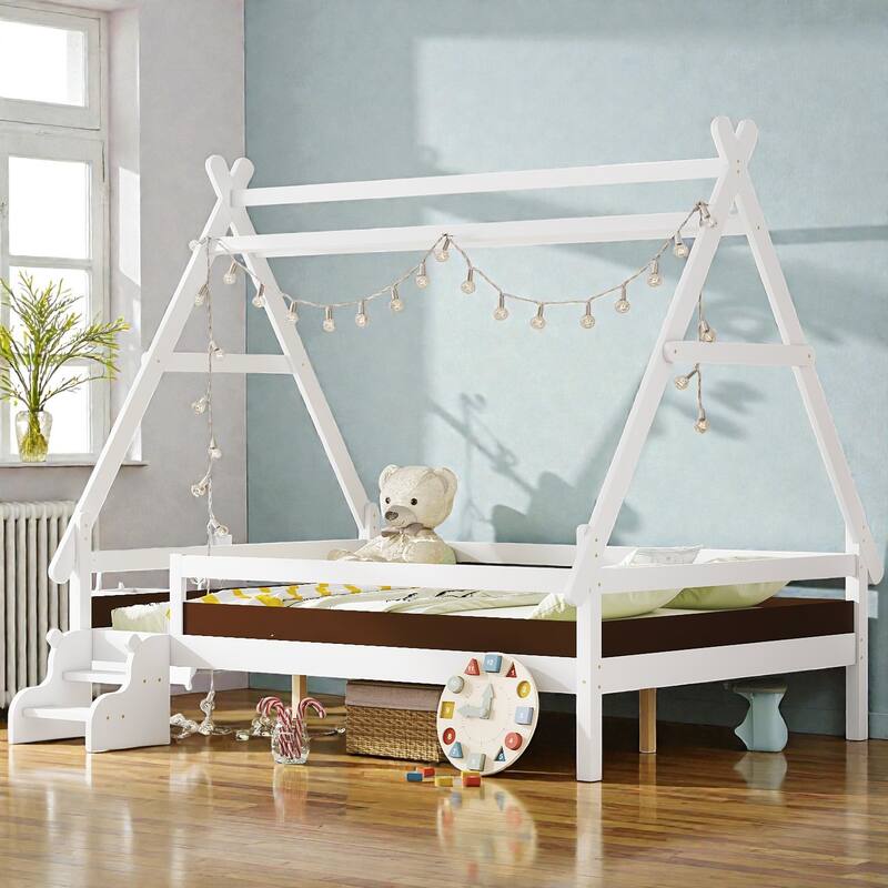 Twin/Full House Platform Bed with Stairs, Solid Wood Low Profile Kids Bed Frame, Fun Playhouse Design for Children - Light White - Full
