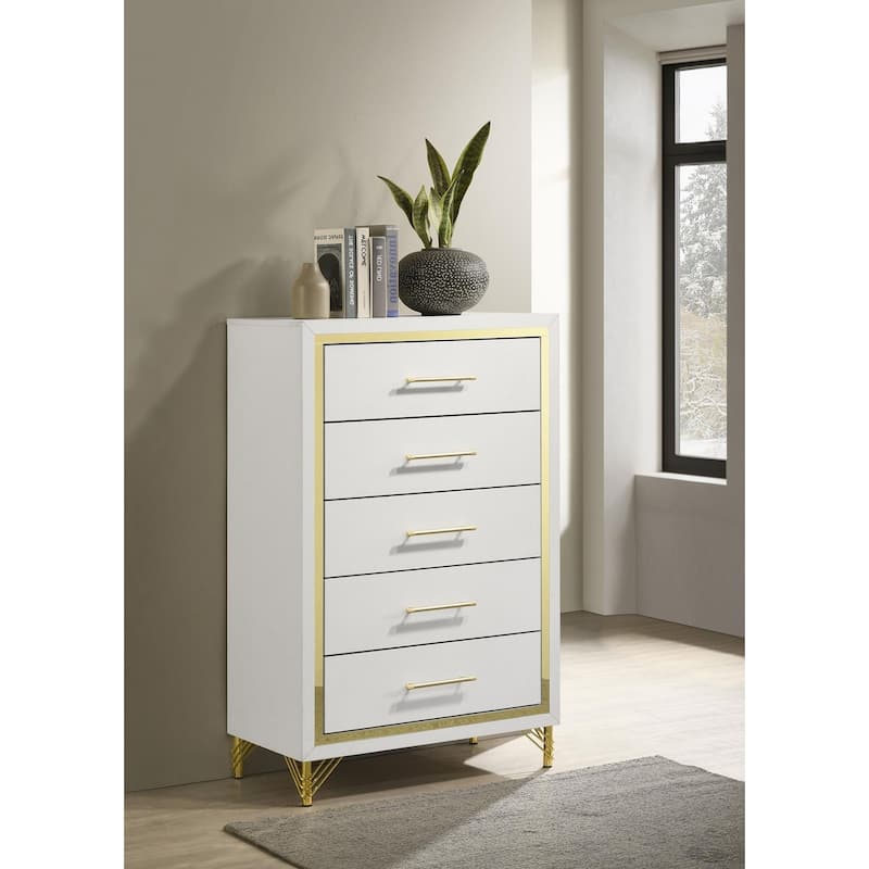 Chesney White 5-drawer Chest with Gold Trim