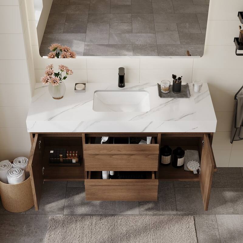 48"Mid Century Modern Wall-Mounted Bathroom Vanities,Single Sink,Brown Wood Texture with Sintered Stone Table top