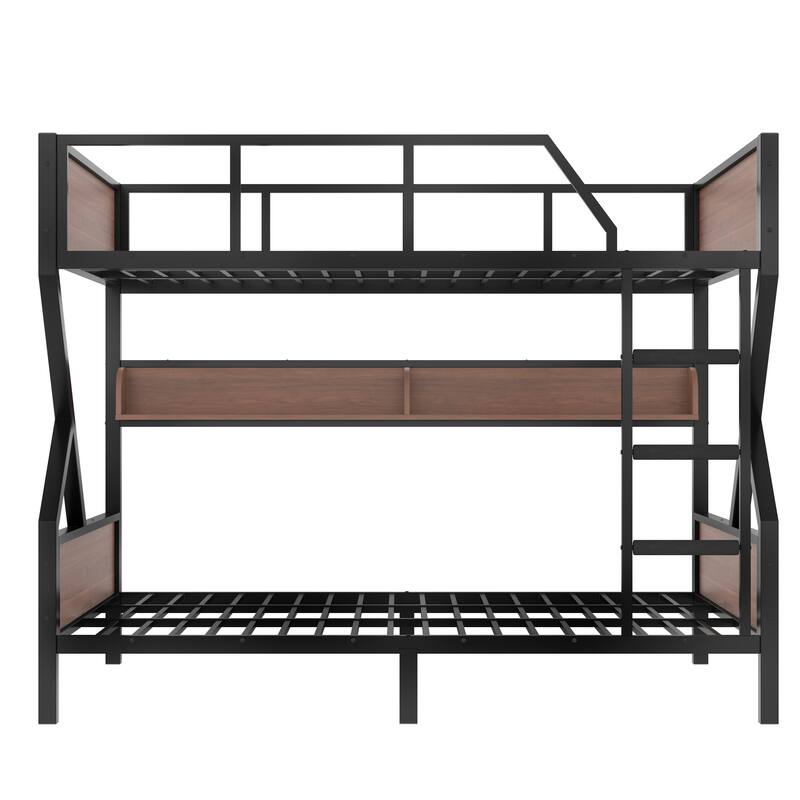 Metal Bedframe Queen Over Queen Bunk Bed with Storage Shelves and LED Light Strip, Space-saving & Noise-free Design