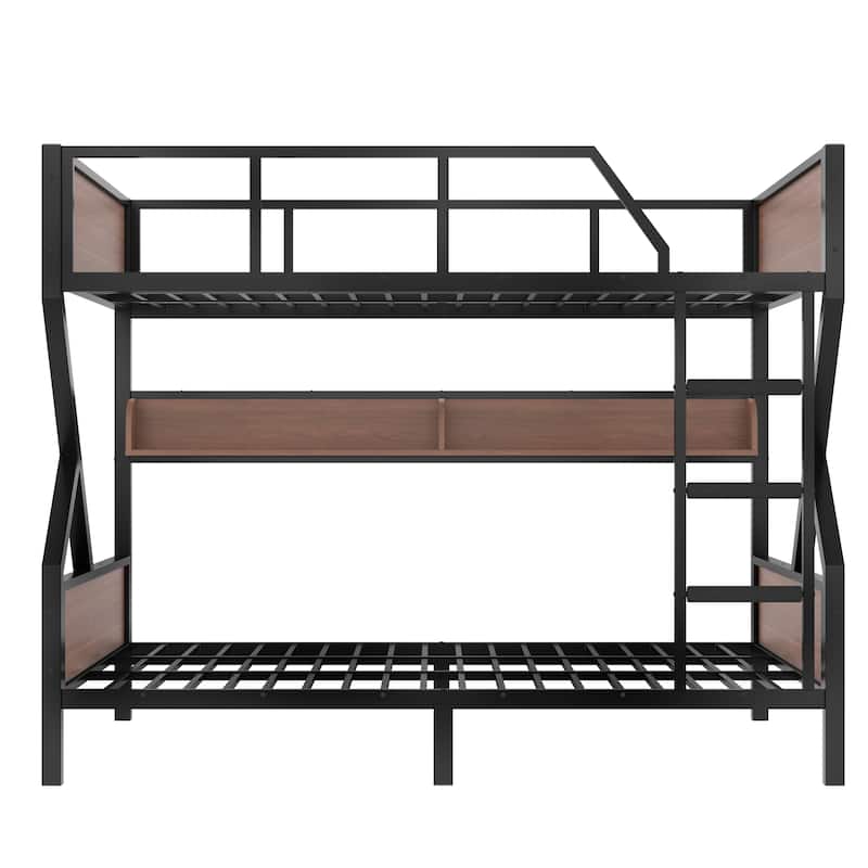 Queen over Queen Bunk Bed, Metal Bunk Bed with Storage Shelves and Lights, Space-saving & Noise-free Design, Black