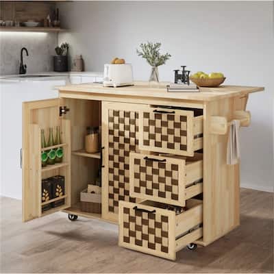 53" Rolling Kitchen Island with Drop Leaf, Internal Rack,Power Outlet