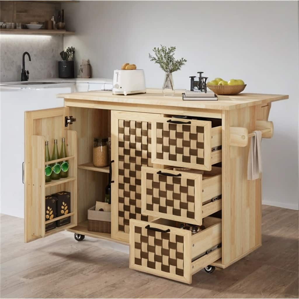 53" Rolling Kitchen Island with Drop Leaf, Internal Rack,Power Outlet