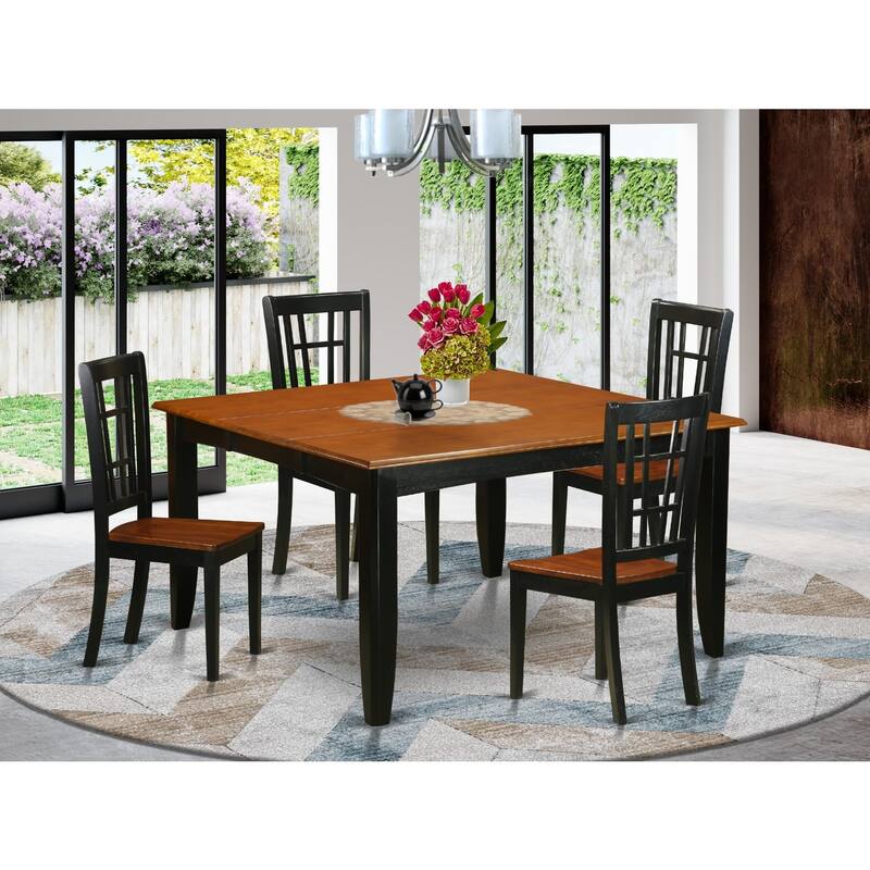 HomeStock 5-Piece Square Black and Cherry Finish Solid Wood Top Dining Table with 4 Chairs with Lattice Back