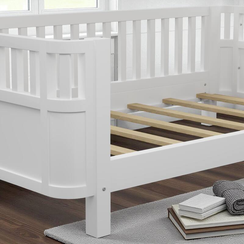 Wood Twin/Full Size Platform Bed with Safety Rails, Low Profile Kids Bed Frame for Girls and Boys