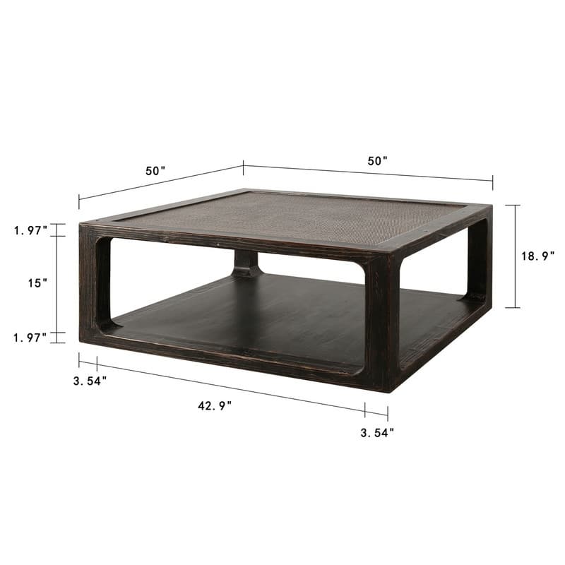 Milo Square Coffee Table with Rattan Top Distressed Blackwash 50x50x19H