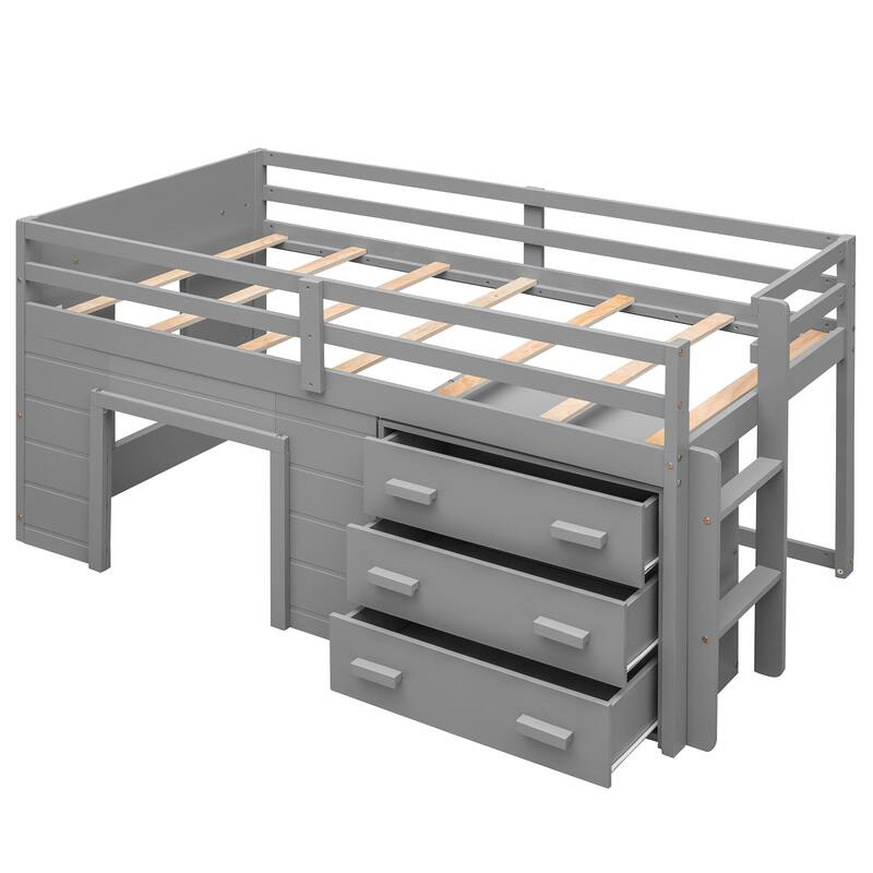 Compact Twin Loft Bed with Storage Cabinet and Shelf in Gray