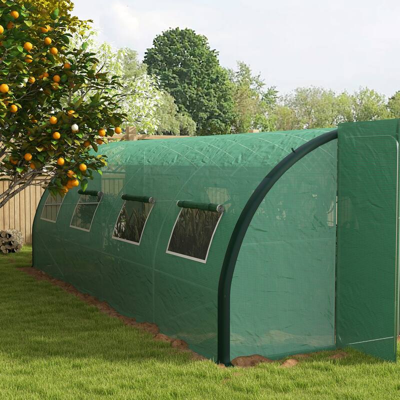 Outsunny 19.7' x 10' x 6.6' Walk-in Tunnel Greenhouse with Upgraded Structure, Outdoor Green House with 2 Hinged Doors