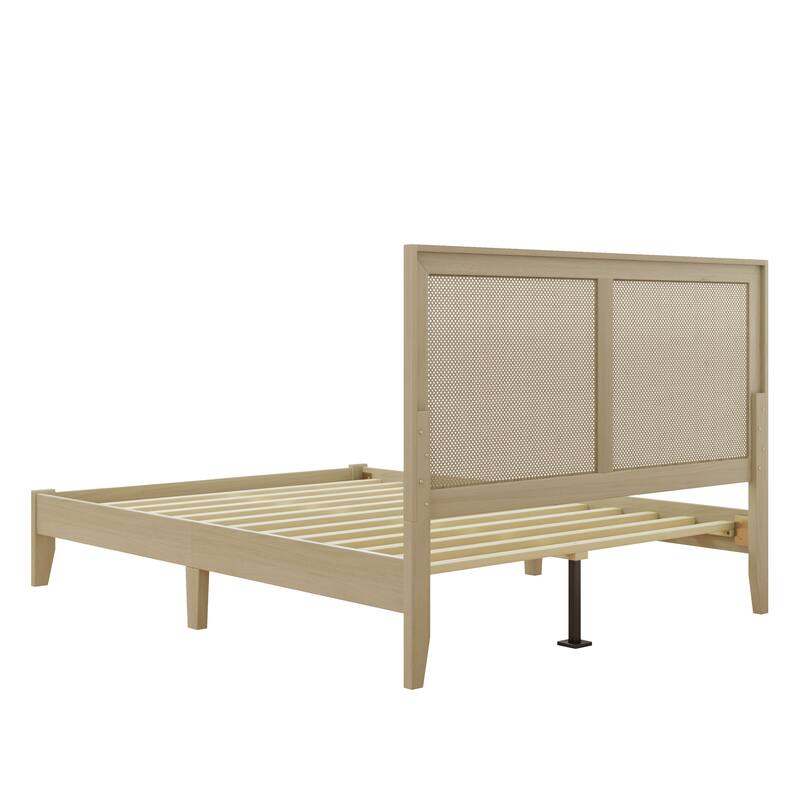 Solid Wood Platform Bed, Queen/King Bed Frame with Rattan Headboard