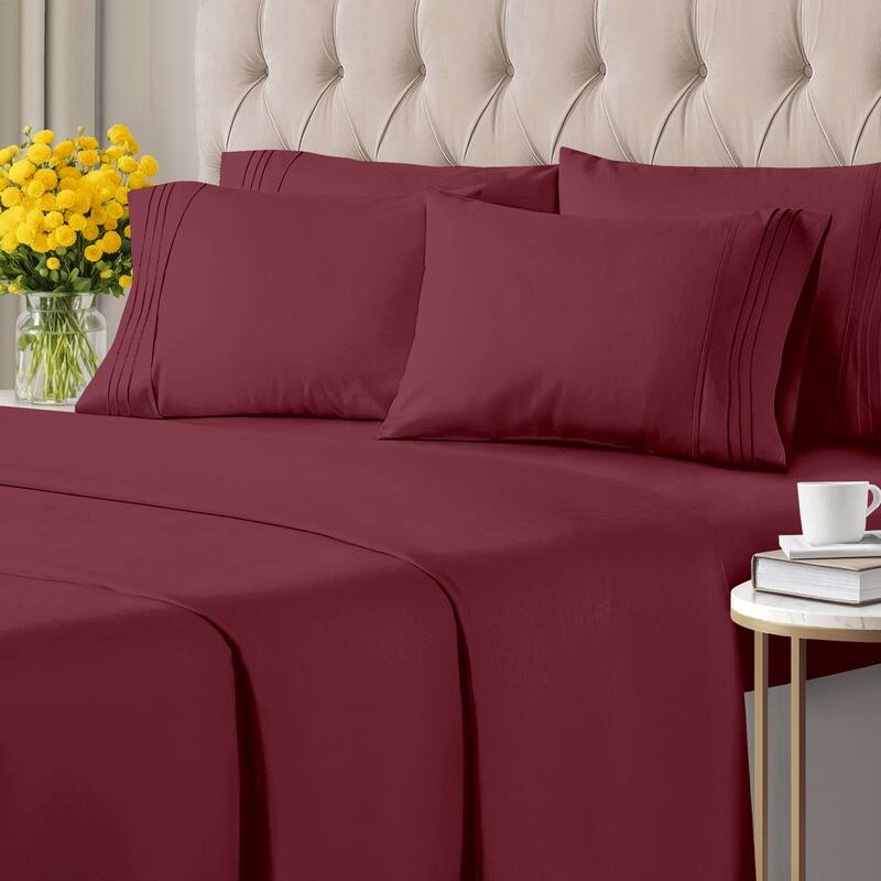 CGK Linens 6 Piece Solid Deep Pockets Microfiber, Easy-Fit Bed Sheet Set - California King - Burgundy