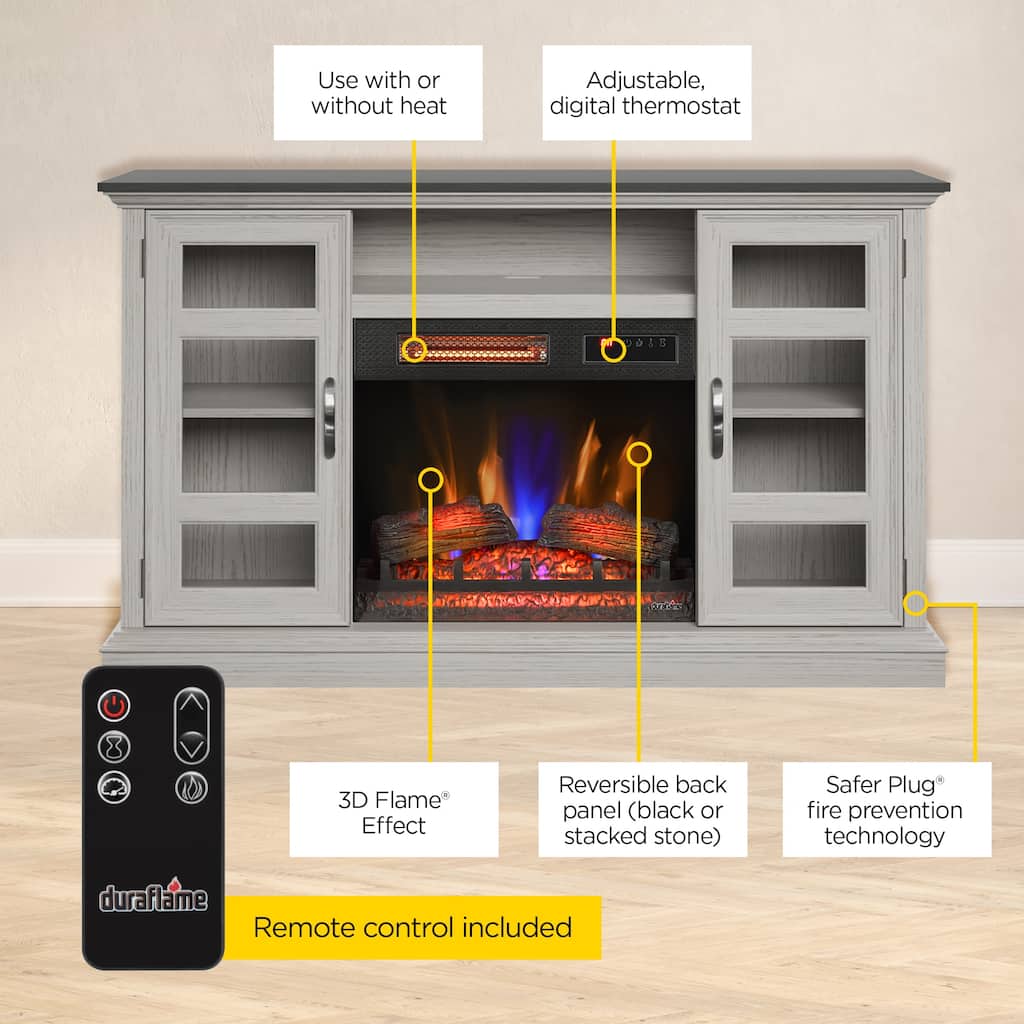 duraflame® Electric Fireplace Entertainment Center with Glass Cabinet Storage, Blanco Oak