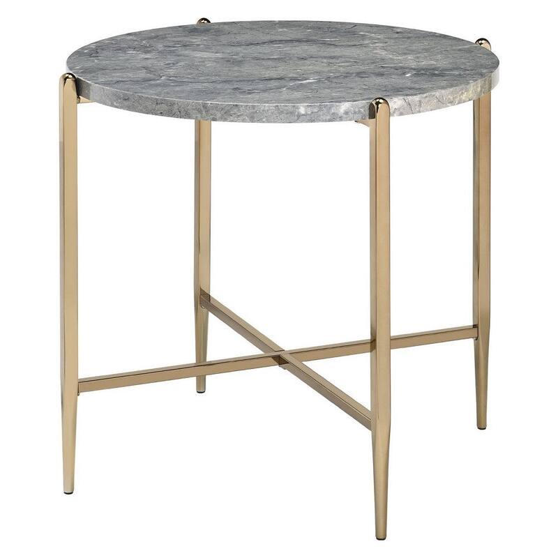 End Table with Oval Marble Top and X Shaped Support - Grey and Gold - 26 L x 26 W x 23.62 H Inches - Grey-Gold