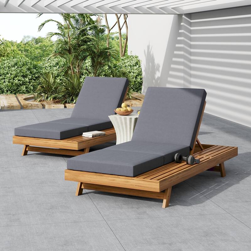 One-sided Open Storage Lounge Chairs Outdoor Patio Acacia Wood Chaise Lounge with Adjustable Backrest & Water-repellent Cushions - Triple Fold Dark Grey Cushions - 2pc