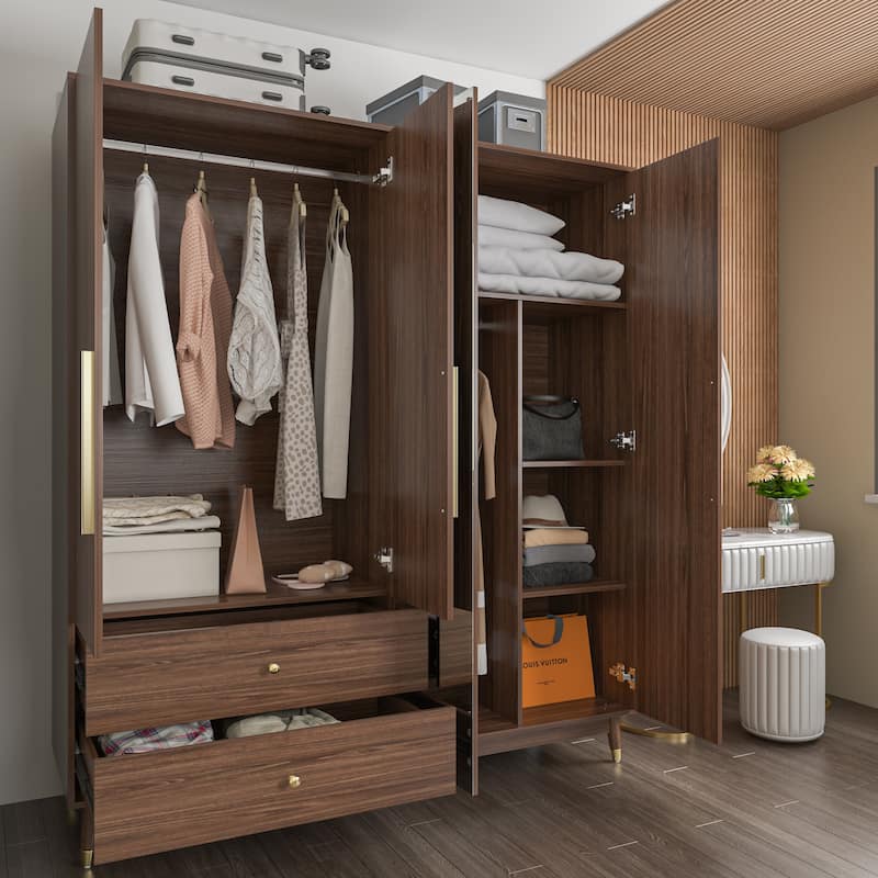 Wooden 2 Drawers 4 Doors Wardrobe Armoire With Mirror (Gray/Black)
