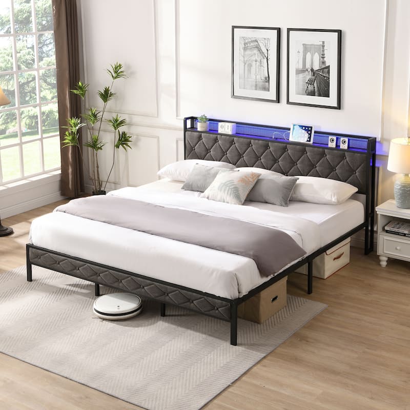 King Bed Frame with Storage Headboard, Charging Station, LED Lights, Upholstered Platform, Noise Free, Easy Assembly, Dark Gray