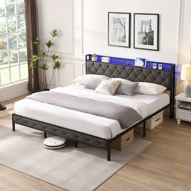Modern Bed Frame with LED Lights, Storage Headboard, USB Ports, No Box Spring Needed Full/Queen/King