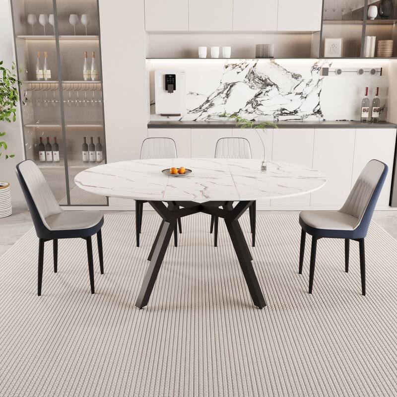 Modern Dining Table Set, Extendable Round Dining Table with 4 PU-Padded Dining Chairs, for Dining Rooms and Kitchens