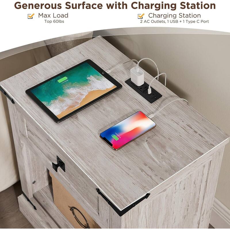 Farmhouse Nightstand with Charging Station，Beside Table for Bedroom