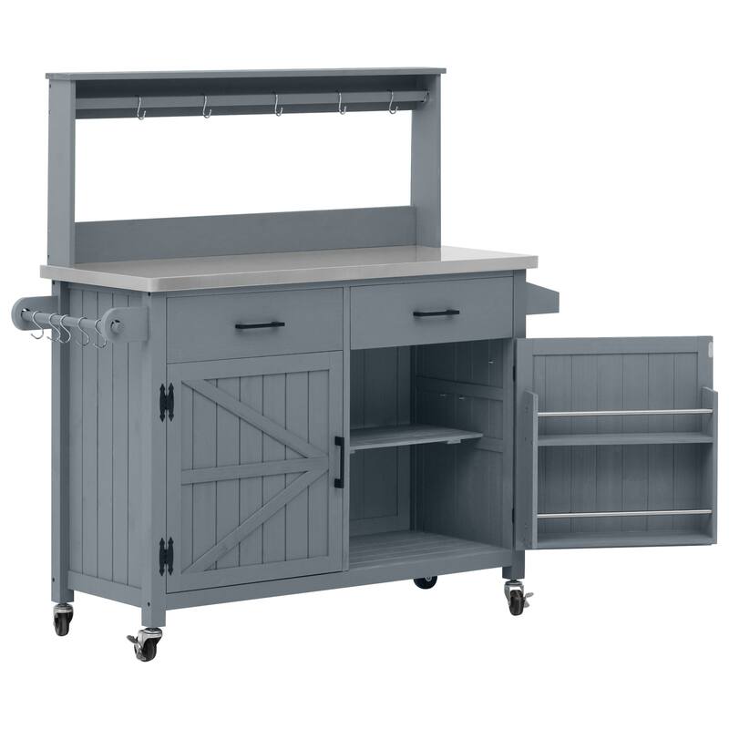 54.1" Outdoor Solid Wood Kitchen Island with Stainless Steel Top, High Shelf & Lockable Wheels
